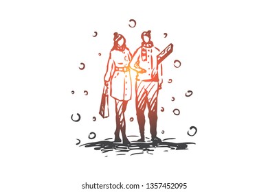 Couple, snow, gifts, holiday, Christmas concept. Hand drawn man and woman walking with gifts concept sketch. Isolated vector illustration.