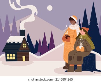 couple in snow landscape with cottage