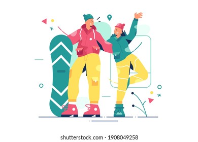 Un par de snowboard posando ilustración vectorial. Hombre y mujer con trajes especiales con tablas de estilo plano. Actividades al aire libre divertidas, esquí y hobby concepto. Aislado sobre fondo blanco