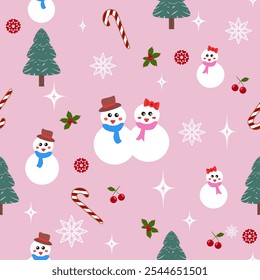 Couple Snowman Blue and Pink Scarf on Pink Background Pattern. There are Christmas Trees Snowflakes, holly leaves, mints candy cane, glitter, bling. Design for winter celebration. Seamless vector fest