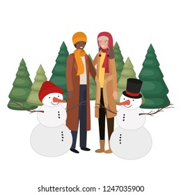 couple with snowman and pine trees