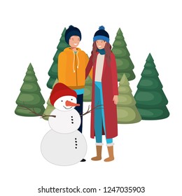 couple with snowman and pine trees