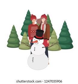 couple with snowman and pine trees