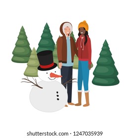 couple with snowman and pine trees