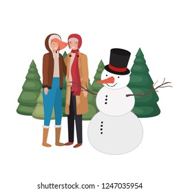 couple with snowman and pine trees