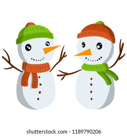 A couple of snowmen with snow. Children's entertainment and celebration of the new year and Christmas. Two figures in a red and green scarf and a hat and stick hands