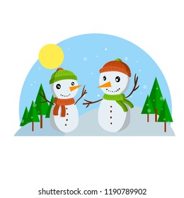 A couple of snowmen in the winter forest with snow. Two figures in a red and green scarf and a hat and stick hands