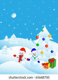 couple of snowmen in the winter woods near a Christmas tree with gifts. Vector illustration