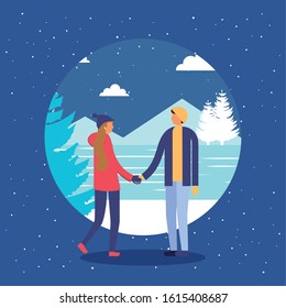 couple in snowscape practicing activities vector illustration design