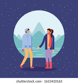 couple in snowscape practicing activities vector illustration design