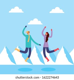 couple in snowscape practicing activities vector illustration design