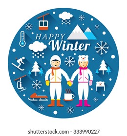 Couple in Snowsuit with Winter Icons Label, Travel and Vacation