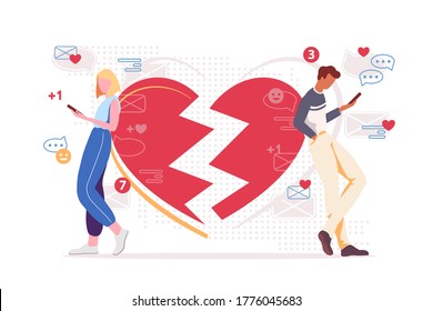 Couple social media addiction illustration. Networking destroys relationship concept. Two people chatting and ignoring each other. Online communication problem. Distance in family due to gadgets.