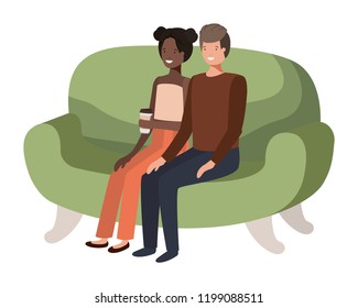 couple in sofa drinking coffee avatar character