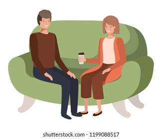 couple in sofa drinking coffee avatar character