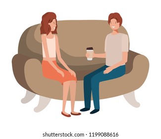 couple in sofa drinking coffee avatar character