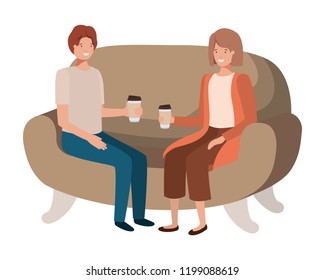 couple in sofa drinking coffee avatar character