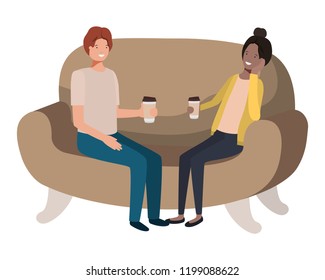 couple in sofa drinking coffee avatar character