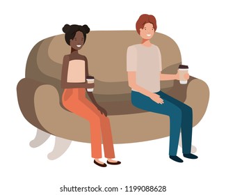 couple in sofa drinking coffee avatar character