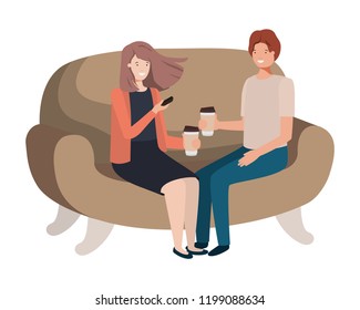 couple in sofa drinking coffee avatar character