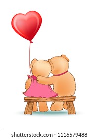 Couple of soft toy bears in love sits on wooden bench with red balloon heart shape isolated cartoon vector illustration, white background, hugging soft toys