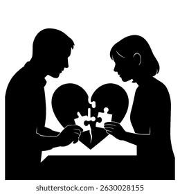 Couple solving heart puzzle vector illustration for love romance relationship and valentine's day concept
