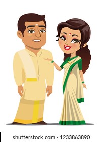 A couple from the south Indian state of Kerala, India are wearing traditional festival outfits (mundu/ dhoti) and standing together.