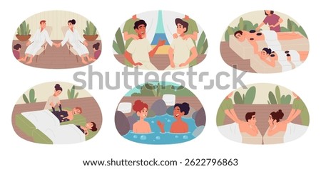 Couple in spa. Massage services for partners man and woman spend time in spa salon exact vector body therapy concept illustrations