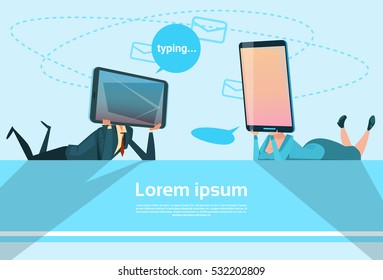 Couple Speak Cell Smart Phone Head Social Network Communication Flat Vector Illustration