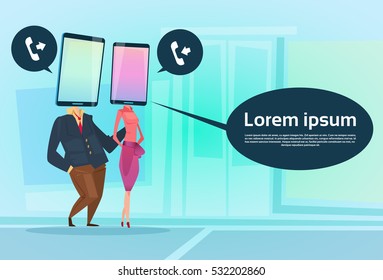 Couple Speak Cell Smart Phone Head Social Network Communication Flat Vector Illustration