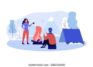 Couple speaking near campfire and tent. Male and female characters spending time outdoor out of town flat vector illustration. Winter camping concept for banner, website design or landing web page