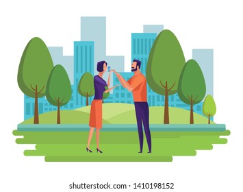 couple speaking through cellphone icon cartoon in the park and cityscape background vector illustration graphic design