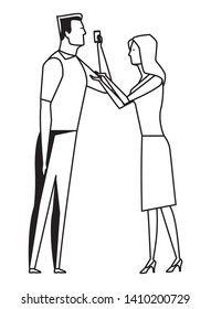 couple speaking through cellphone icon cartoon black and white vector illustration graphic design