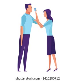 couple speaking through cellphone icon cartoon vector illustration graphic design