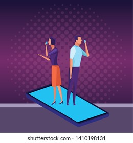 couple speaking through the cellphone over a cellphone with pop art background vector illustration graphic design