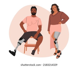 Couple of special People. People Prosthesis, amputation, inclusion. Vector illustration.