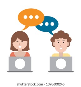couple with speech bubble and laptops