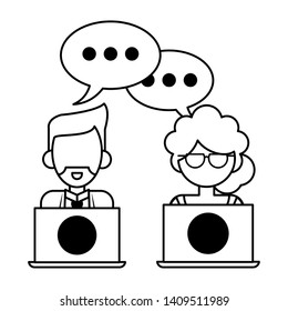 couple with speech bubble and laptops icon cartoon vector illustration graphic design