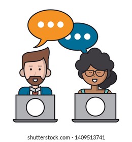 couple with speech bubble and laptops icon cartoon vector illustration graphic design
