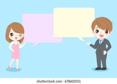 couple with speech bubble on the blue background