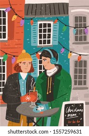 Couple spend christmas eve together flat vector illustration. Happy girlfriend and boyfriend cartoon characters. Young people in warm clothes drinking mulled wine. Romantic date, wintertime recreation