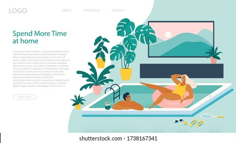 Couple spend summer vacation at swimming pool during quarantine. Vacation simulation and indoor recreation. Landing page template. Vector illustration.