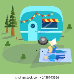 Couple spend time on nature at the camping truck. Idea of travel and vacation. Woman and man relax. Outdoor activity. Vector illustration in cartoon style