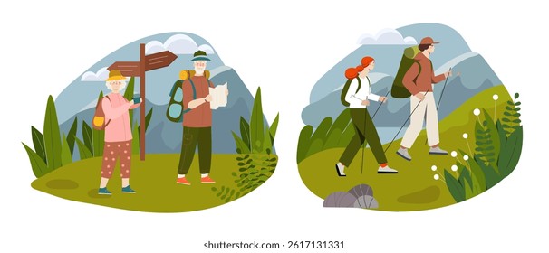 Couple spend time outdoors. Old and young pairs hiking. Active lifestyle and leisure. People travel together. Recreation and rest on nature. Flat vector illustration
