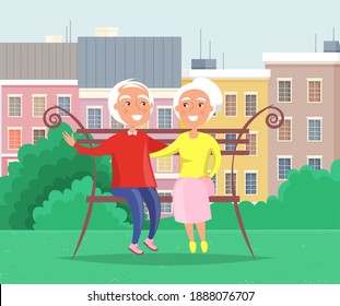 Couple spend time in the park sitting on a bench. Romance of elderly people on a date. Characters in relationship hug while sitting on a bench. A man with a lady have a rest together outdoors