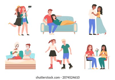 Couple spend time together. Happy friends in joint activities. Young men and women have dinner or ride roller skates. People take selfie pictures and dance. Vector pair leisure set