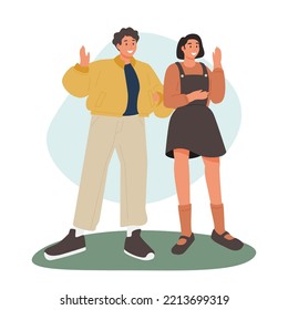 The couple spend time together. Young man and women are walking together on a date. Colorful vector illustration in flat cartoon style.