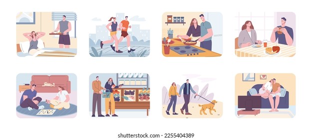 Couple spend weekend together. Wake up and outdoor sport training, cooking and eating lunch or dinner. Walk with dog, play table game, kicky vector scenes