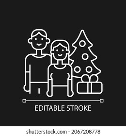 Couple spending Christmas together white linear icon for dark theme. Winter with family, spouse. Thin line customizable illustration. Isolated vector contour symbol for night mode. Editable stroke