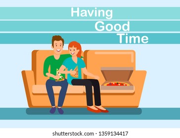 Couple Spending Day Off at Home Flat Illustration. Having Good Time Text. Man and Woman Holding Pizza Slices. Cartoon Boyfriend and Girlfriend Eating Pepperoni. Vector Characters at Home